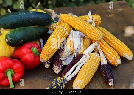 Gros plan d'un automne de légumes frais comme le maïs, les poivrons, et plus du jardin Banque D'Images