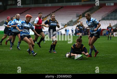 Philippa Rawbone of Worcester Warriors Womenscores une seconde moitié d'essais lors du match FÉMININ ALLIANZ PREMIER 15S entre Darlington Mowden Park Sharks et Worcester Warriors à la Northern Echo Arena, Darlington, le samedi 17 octobre 2020. (Credit: Chris Booth | MI News) Credit: MI News & Sport /Alay Live News Banque D'Images