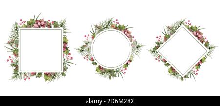 Ensemble cadre décoratif de Noël. Cadre de Noël aquarelle dessiné à la main avec fleurs et fleurs d'hiver, baies, feuilles isolées sur fond blanc Banque D'Images