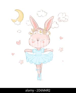 Illustration d'un joli lapin dansant sur des étoiles. Dancilg petit lapin portant une couronne bleue tutu ans. Peut être utilisé pour l'imprimé t-shirt, vêtements pour enfants mode Illustration de Vecteur