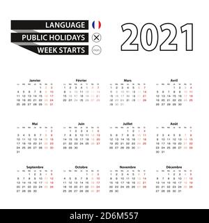 Calendrier 2021 en français, la semaine commence le lundi. Calendrier vectoriel 2021 ans. Illustration de Vecteur