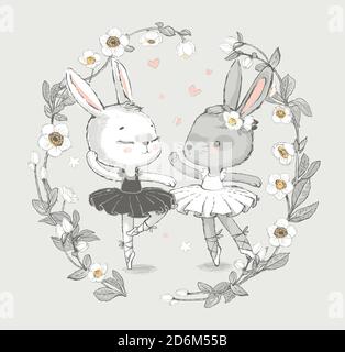 Illustration de deux ballerines dansantes grises et blanches. Petits lapins filles dansant. Couronne avec de belles fleurs en arrière-plan. Peut être Illustration de Vecteur