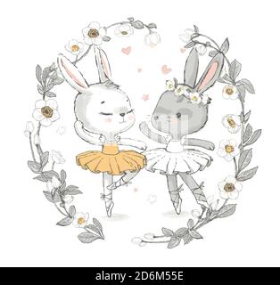 Illustration de deux lapins de danse de ballerine gris et blanc. Petits lapins filles dansant. Couronne avec de belles fleurs en arrière-plan. Peut être Illustration de Vecteur