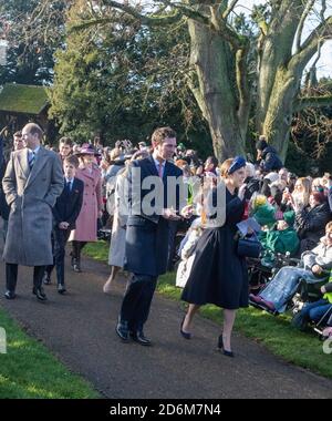 La princesse Eugénie & Jack Brooksbank revenant de l'église le jour de Noël 2019 sur le Sandringham Estate à Norfolk, UK Banque D'Images