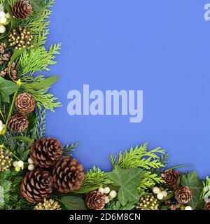 Cadre traditionnel de verdure d'hiver avec cyprès de cèdre et feuilles de sapin de genévrier, GUI, lierre et cônes de pin sur fond bleu. Banque D'Images