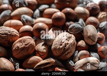 assortiment de noix. Différents types de noix de macadamia, de noix et de noisettes se trouvent dans une couche uniforme. Arrière-plan des écrous Banque D'Images