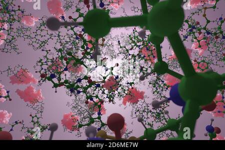 Un mélange de petites biomolécules et de grandes macromolécules (protéines). Il y a des milliers de molécules différentes impliquées dans la biochimie de la vie. Banque D'Images