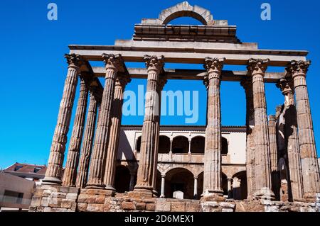 Temple de Diana Forum romain à Mérida, Espagne. Banque D'Images