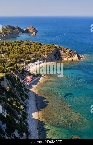 Photographie aérienne Javea avec littoral sablonneux et eaux turquoise de la mer Méditerranée. Costa Blanca. Espagne Banque D'Images