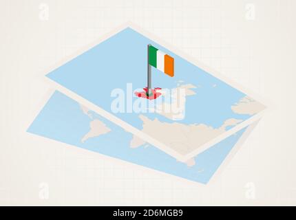 Irlande sélectionnée sur la carte avec drapeau isométrique de l'Irlande. Carte de papier vectoriel. Illustration de Vecteur