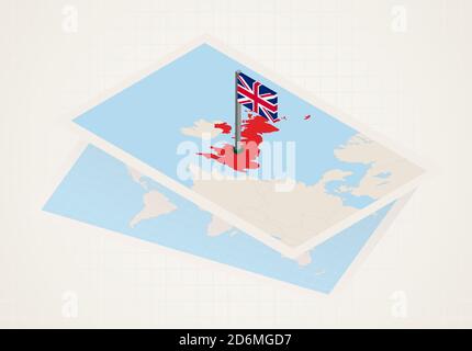 Royaume-Uni sélectionné sur la carte avec drapeau isométrique du Royaume-Uni. Carte de papier vectoriel. Illustration de Vecteur