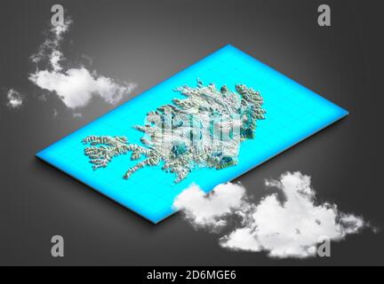 Vue satellite sur l'Islande, carte. Nuages et neige, précipitations annuelles. rendu 3d. Météo. Section de l'île. Reykjavik Banque D'Images