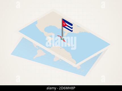 Cuba sélectionné sur la carte avec le drapeau isométrique de Cuba. Carte de papier vectoriel. Illustration de Vecteur