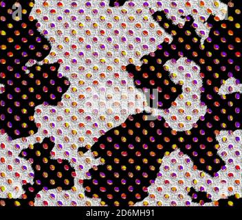 Fourrure noire à taches blanches et diamants violets, orange, jaune et rouge. Motif sans couture. Banque D'Images