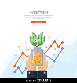 Investissement et financement de la croissance business concept. Main tenant une bouteille transparente avec des pièces de monnaie et un arbre vert. Illustration vectorielle isolée à plat. Illustration de Vecteur