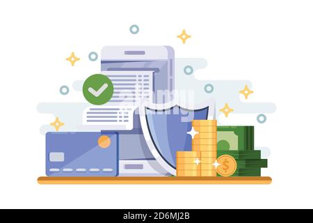 Concept de protection des paiements en ligne et de sécurité des données financières. Illustration vectorielle à plat du smartphone, de la carte bancaire, de la facture et de l'écran. Illustration de Vecteur