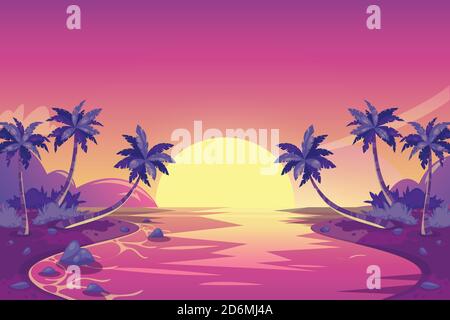 Coucher de soleil d'été tropical. Illustration vectorielle de paysage d'île de dessin animé. Palmiers sur la plage. Vacances romantiques. Illustration de Vecteur