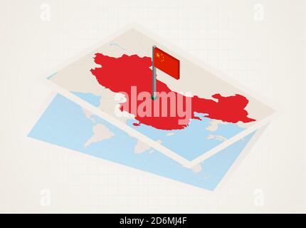 Chine sélectionnée sur la carte avec drapeau isométrique de la Chine. Carte de papier vectoriel. Illustration de Vecteur