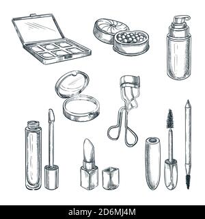 Illustration de l'esquisse vectorielle des cosmétiques de maquillage. Articles de mode pour femmes. Produits de beauté et de soins isolés dessinés à la main. Illustration de Vecteur