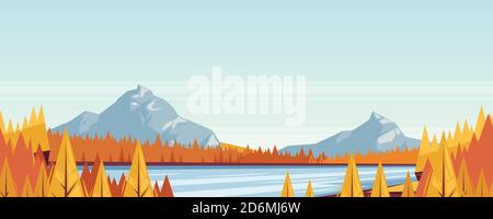 Arrière-plan horizontal transparent pour l'automne. Vecteur automne illustration de montagnes, collines, prairies, lac et rivière. Voyage, concept de randonnée en plein air Illustration de Vecteur