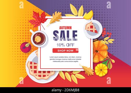 Bannière vectorielle de la vente saisonnière d'automne, modèle d'affiche. Fond carré blanc avec récolte d'automne, nourriture, accessoires et feuilles. Illustration de Vecteur