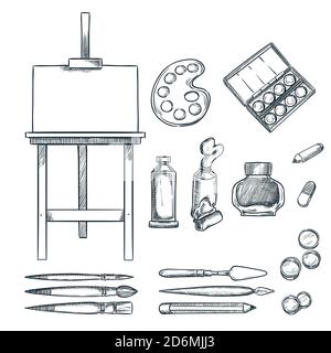 Fournitures artistiques, illustration d'esquisse vectorielle. Dessin, peinture, éléments de calligraphie. Articles de papeterie et d'artisanat isolés dessinés à la main. Illustration de Vecteur