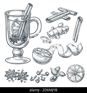 Recette de vin chaud, illustration d'esquisse vectorielle. Ensemble d'épices isolées dessinées à la main, ingrédients. Boissons alcoolisées chaudes au menu éléments design. Illustration de Vecteur