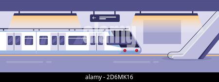 Train moderne sur une station de métro vide. Station de métro intérieure, illustration vectorielle. Transports publics souterrains pour passagers de la ville. Illustration de Vecteur