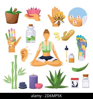 Symboles de médecine et de traitement chinois alternatifs. Illustration plane isolée vectorielle. Acupuncture, massage, homéopathie ensemble d'icônes de thérapie. Illustration de Vecteur