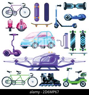 Kit de transport électrique ECO alternatif. Illustration du véhicule à plat Vector. Appareils modernes colorés isolés sur fond blanc. Illustration de Vecteur