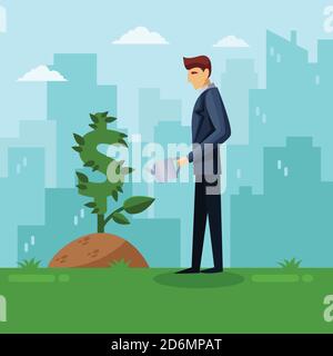 Homme d'affaires arroser plante de dollar vert. Investissement et financement de la croissance business concept. Illustration vectorielle plate. Arbre de croissance de l'argent sur la ville backgrou Illustration de Vecteur