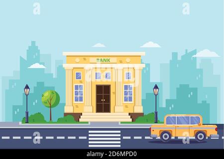 Bâtiment de banque, illustration vectorielle plate. Services bancaires et financiers. Rue de la ville, paysage urbain arrière-plan Illustration de Vecteur