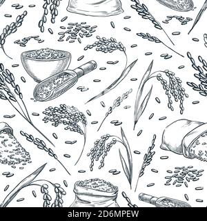 Épis de céréales de riz, motif vectoriel sans couture. Esquissez une illustration dessinée à la main. Fond de l'emballage alimentaire asiatique. Illustration de Vecteur