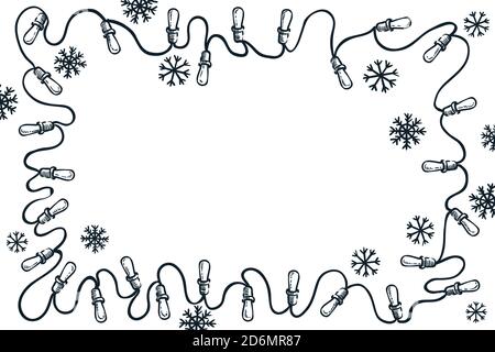 Cadre de lumières de guirlande et de flocons de neige, illustration d'esquisse vectorielle. Noël, nouvel an carte de vœux simple fond avec espace copie. Vacances b Illustration de Vecteur