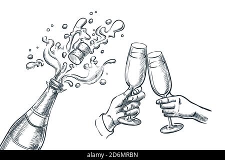 Bouteille de champagne explosion et deux mains avec verres à boire. Illustration du vecteur d'esquisse. Fête du nouvel an, de Noël ou de la Saint-Valentin Illustration de Vecteur