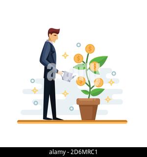 Homme d'affaires arrosant vert argent arbre. Illustration vectorielle isolée à plat. Investissement et financement de la croissance business concept. Plante en croissance avec du coco doré Illustration de Vecteur