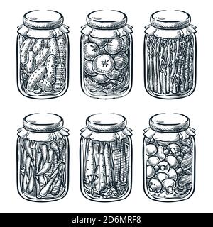 Légumes marinés et champignons dans un pot en verre, illustration vectorielle. Fait maison préserve les éléments dessinés à la main. Illustration de Vecteur