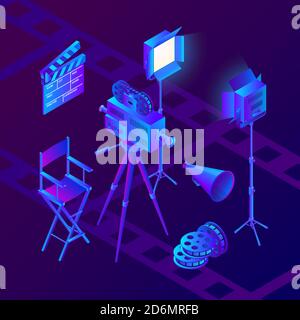 Production vidéo et cinéma. Illustration des dégradés de néons isométriques vectoriels. Ensemble de symboles et d'éléments de design pour les studios de cinéma. Illustration de Vecteur