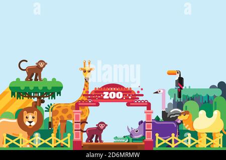Entrée au zoo, illustration vectorielle de style plat. Animaux mignons autour de portes colorées. Week-end dans le parc, concept de loisirs en plein air. Illustration de Vecteur