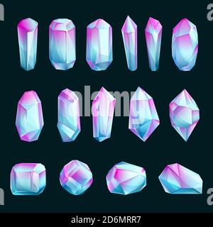 Cristaux et minéraux, illustration de dessins animés vectoriels. Ensemble de pierres précieuses brutes abstraites. Éléments de design en pierres précieuses brillantes. Illustration de Vecteur