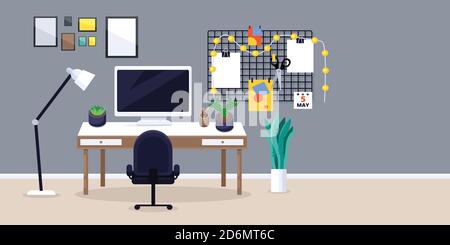 Lieu de travail de designer ou de freelance, illustration vectorielle plate. Espace de travail créatif avec moniteur et cactus sur le bureau, le tableau de commande, la chaise. Illustration de Vecteur