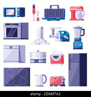 Cuisine maison appareils icônes et éléments de design ensemble. Appareils électroniques de cuisine modernes. Illustration vectorielle plate colorée. Illustration de Vecteur