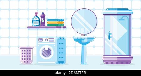 Intérieur de la salle de bain, illustration de style vectoriel plat. Mobilier de salle de bain, cabine de douche, lavabo et lave-linge et autre élément design de baignoire. Illustration de Vecteur