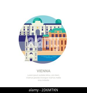 Voyage à l'Autriche illustration vectorielle plate. Symboles de la ville de Vienne et monuments touristiques. Icônes et éléments de design de la ville. Illustration de Vecteur