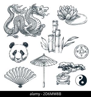 Symboles nationaux de Chine, illustration d'esquisse vectorielle. Dragon chinois, panda, bambou et fleur de lotus, isolé sur fond blanc. Illustration de Vecteur