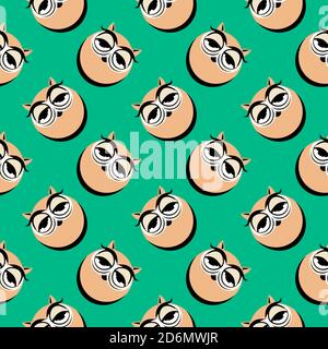 Hibou jaune, motif sans couture sur fond vert. Illustration de Vecteur