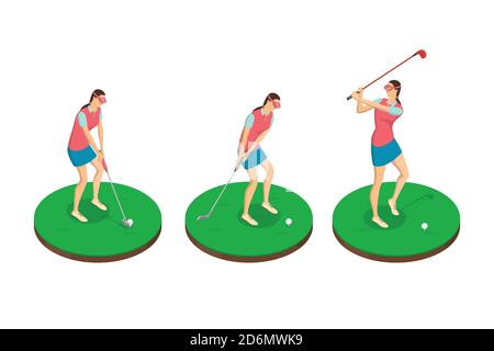 Femme jouant au golf, vecteur 3d illustration isométrique. Niveaux d'oscillation de golf, éléments de conception isolés. Concept d'activités de loisirs en plein air. Illustration de Vecteur