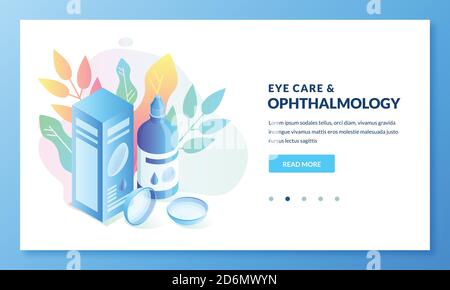 Ophtalmologie et soins oculaires, illustration de gradient isométrique vectoriel. Modèle de page d'accueil ou de bannière pour les thèmes de la médecine et de la santé. Contact Illustration de Vecteur