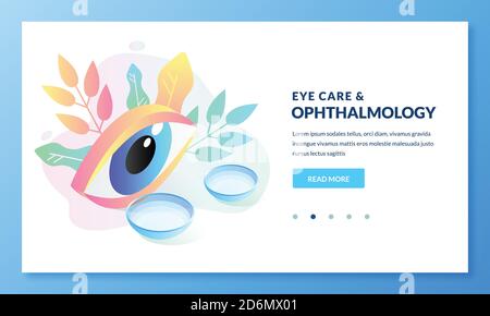 Ophtalmologie et soins oculaires. Illustration vectorielle de gradient isométrique de l'œil humain et des lentilles de contact colorées. Page d'arrivée ou bannière design tem Illustration de Vecteur