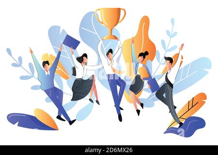 Concept d'équipe ou de travail d'équipe réussi. Illustration vectorielle de style plat. Les jeunes heureux ont reçu un prix, métaphore d'affaires. Illustration de Vecteur